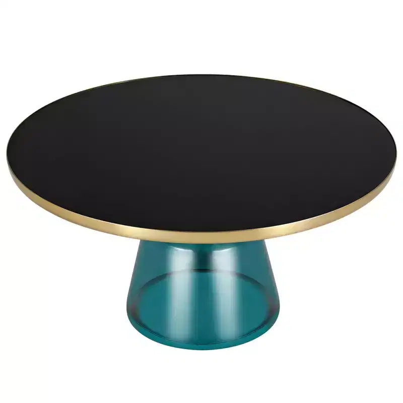 Tavolino da caffè rotondo, piano in pietra/vetro, bordo dorato, base a piedistallo nera, 1 pezzo