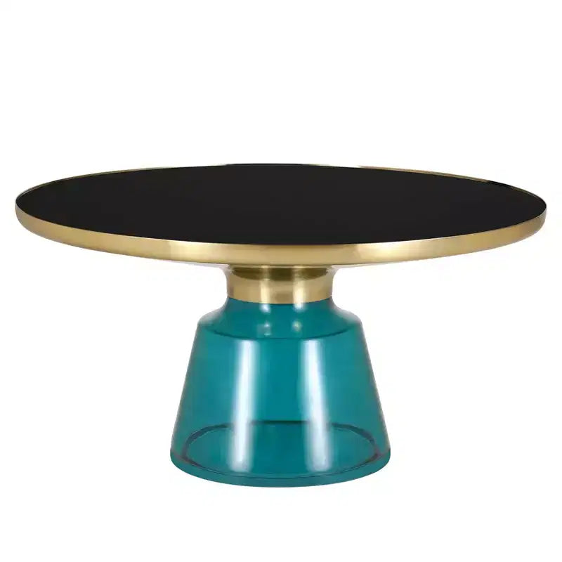 Tavolino da caffè rotondo, piano in pietra/vetro, bordo dorato, base a piedistallo nera, 1 pezzo