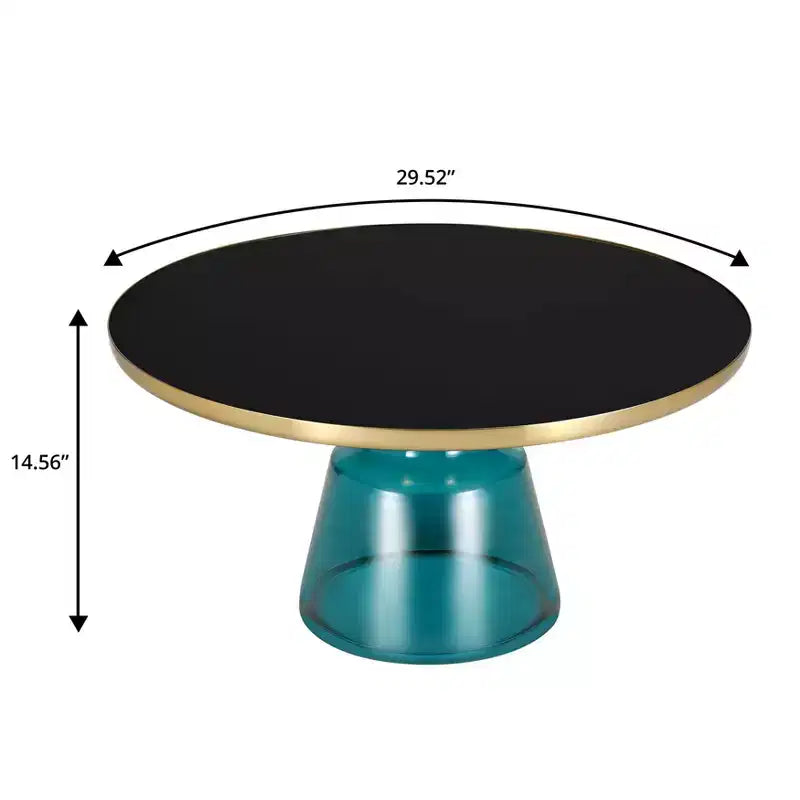 Tavolino da caffè rotondo, piano in pietra/vetro, bordo dorato, base a piedistallo nera, 1 pezzo