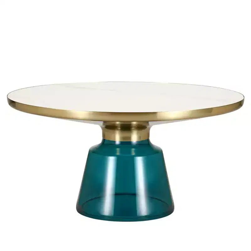 Tavolino da caffè rotondo, piano in pietra/vetro, bordo dorato, base a piedistallo nera, 1 pezzo