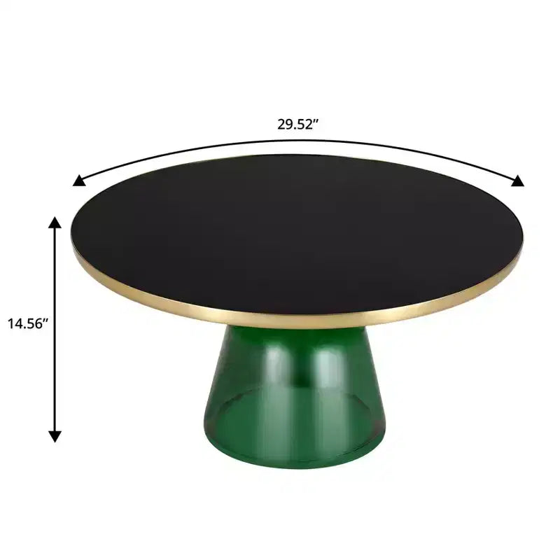 Tavolino da caffè rotondo, piano in pietra/vetro, bordo dorato, base a piedistallo nera, 1 pezzo
