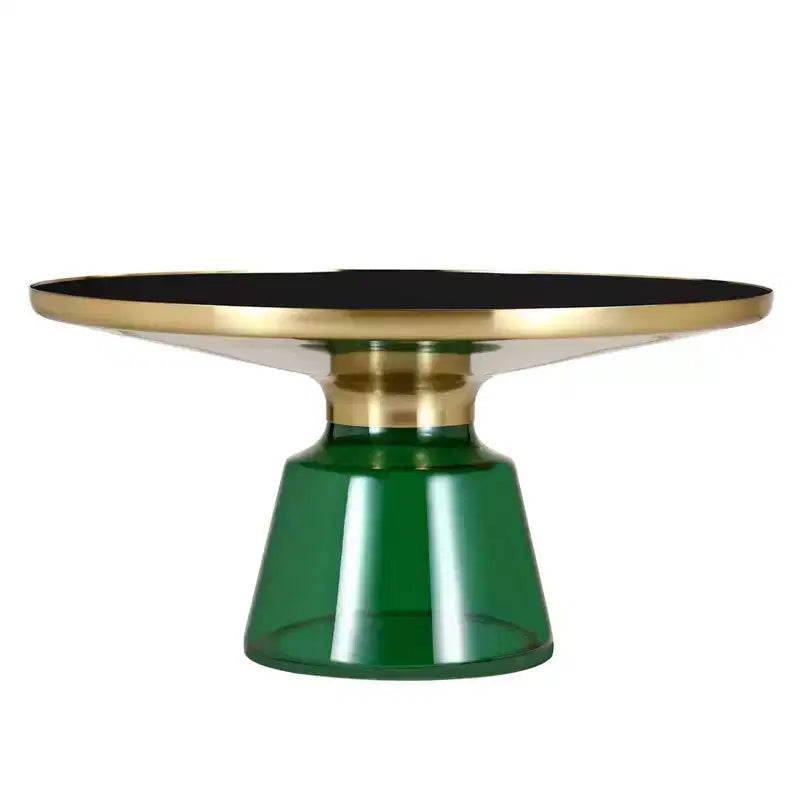 Tavolino da caffè rotondo, piano in pietra/vetro, bordo dorato, base a piedistallo nera, 1 pezzo