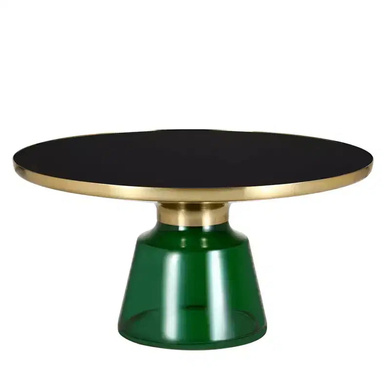Tavolino da caffè rotondo, piano in pietra/vetro, bordo dorato, base a piedistallo nera, 1 pezzo