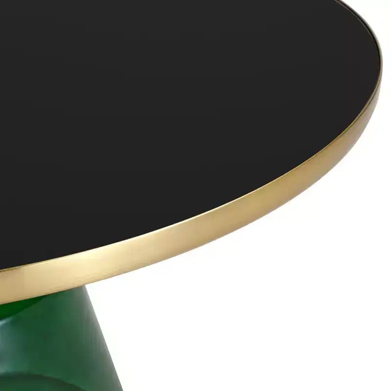 Tavolino da caffè rotondo, piano in pietra/vetro, bordo dorato, base a piedistallo nera, 1 pezzo