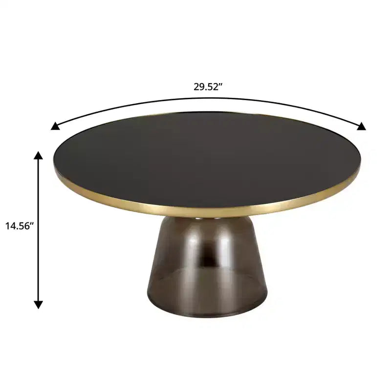 Tavolino da caffè rotondo, piano in pietra/vetro, bordo dorato, base a piedistallo nera, 1 pezzo