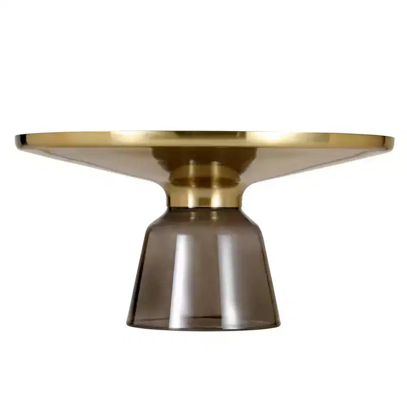 Tavolino da caffè rotondo, piano in pietra/vetro, bordo dorato, base a piedistallo nera, 1 pezzo