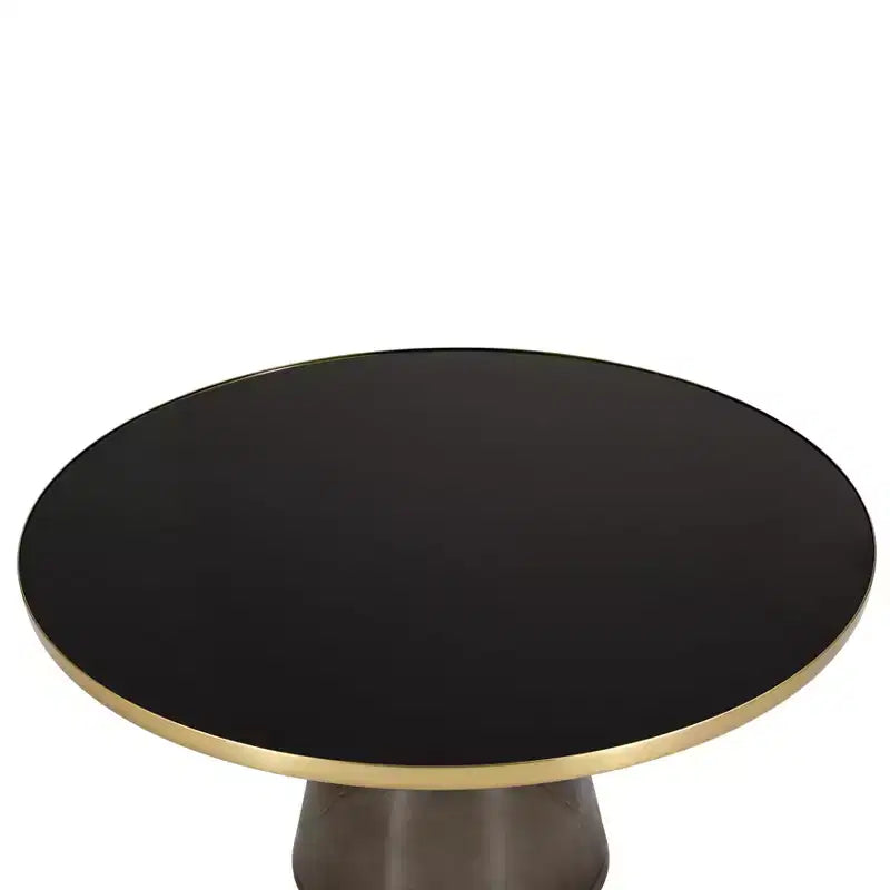 Tavolino da caffè rotondo, piano in pietra/vetro, bordo dorato, base a piedistallo nera, 1 pezzo