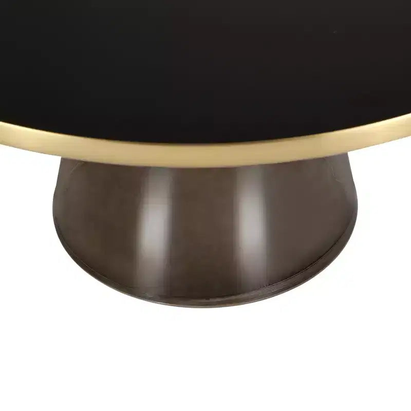 Tavolino da caffè rotondo, piano in pietra/vetro, bordo dorato, base a piedistallo nera, 1 pezzo