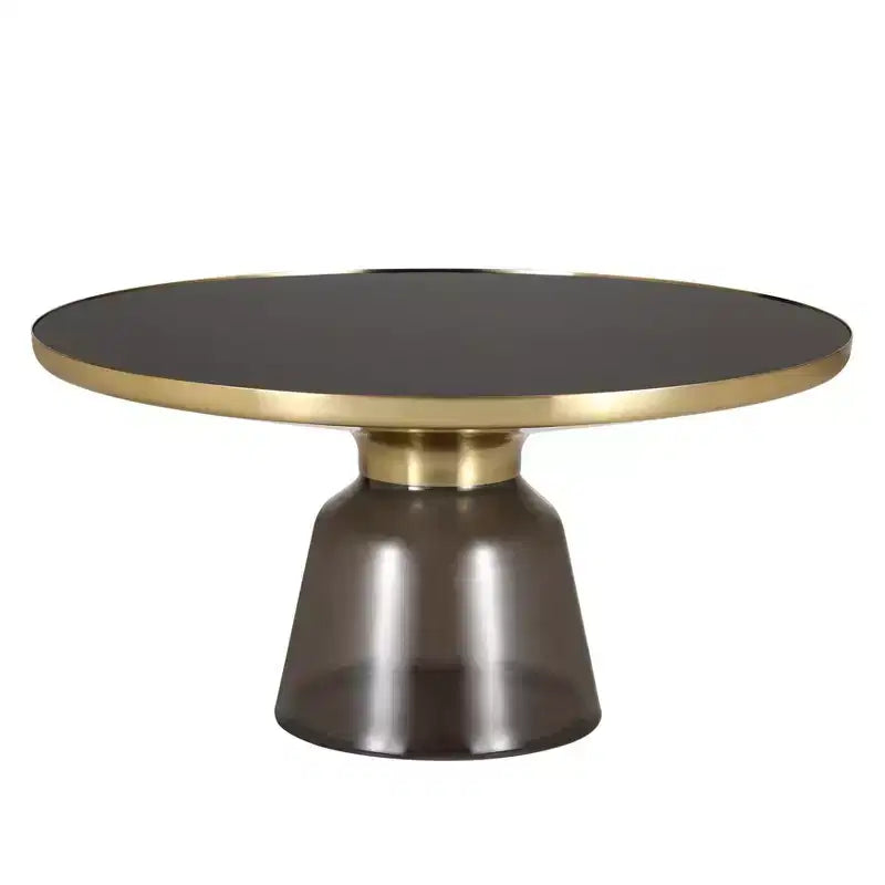 Tavolino da caffè rotondo, piano in pietra/vetro, bordo dorato, base a piedistallo nera, 1 pezzo