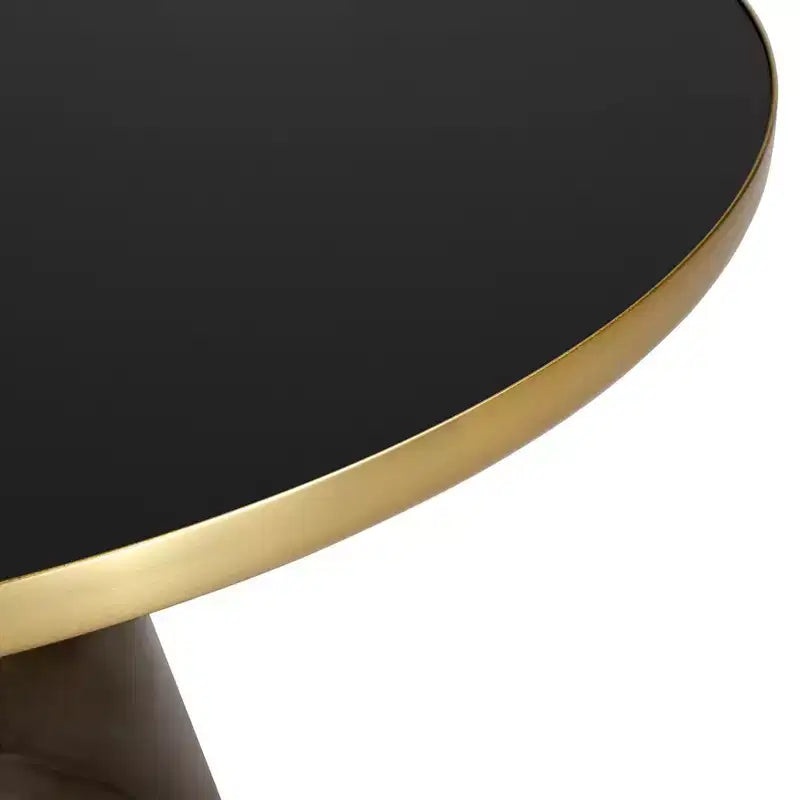 Tavolino da caffè rotondo, piano in pietra/vetro, bordo dorato, base a piedistallo nera, 1 pezzo