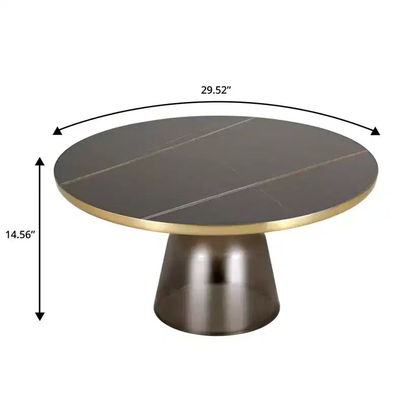 Tavolino da caffè rotondo, piano in pietra/vetro, bordo dorato, base a piedistallo nera, 1 pezzo