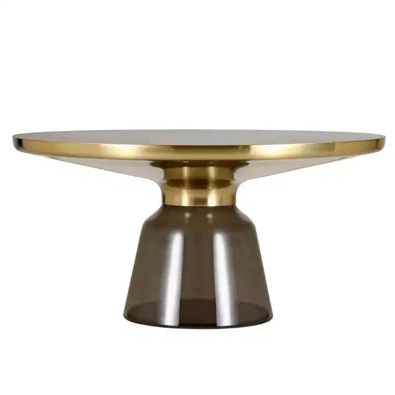Tavolino da caffè rotondo, piano in pietra/vetro, bordo dorato, base a piedistallo nera, 1 pezzo