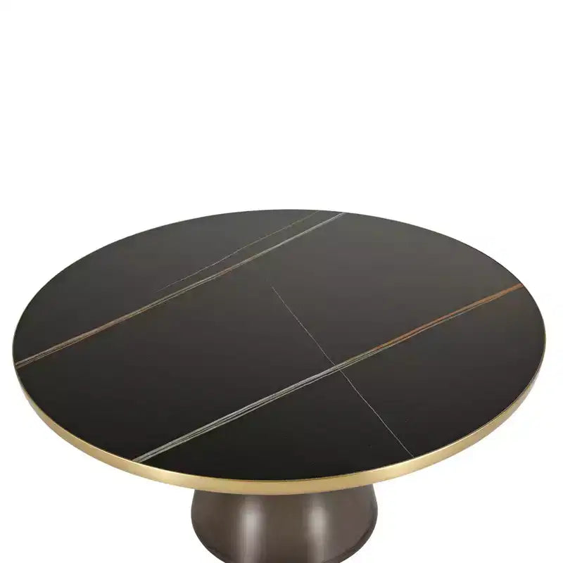 Tavolino da caffè rotondo, piano in pietra/vetro, bordo dorato, base a piedistallo nera, 1 pezzo