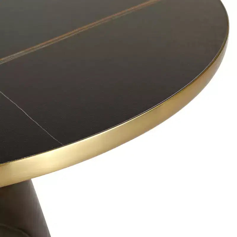 Tavolino da caffè rotondo, piano in pietra/vetro, bordo dorato, base a piedistallo nera, 1 pezzo