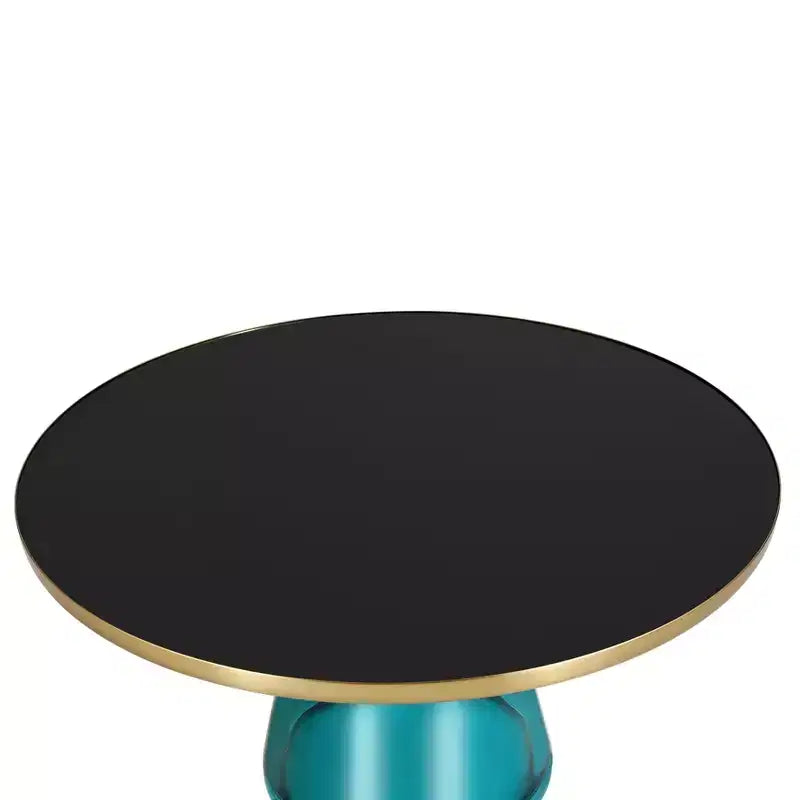 Tavolino da caffè rotondo, piano in pietra/vetro, bordo dorato, base a piedistallo nera, 1 pezzo
