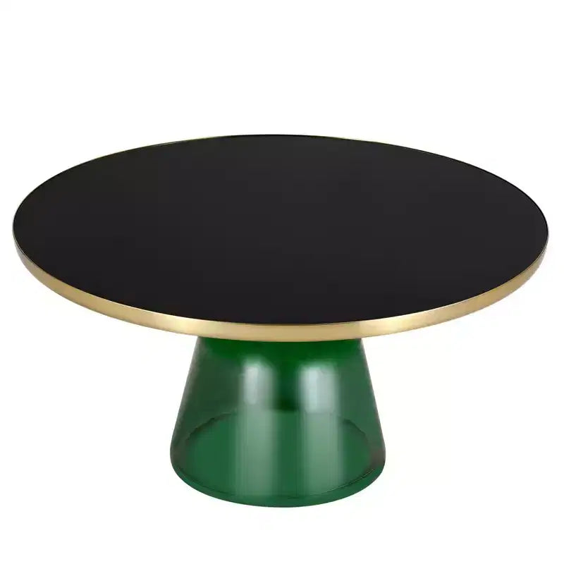 Tavolino da caffè rotondo, piano in pietra/vetro, bordo dorato, base a piedistallo nera, 1 pezzo