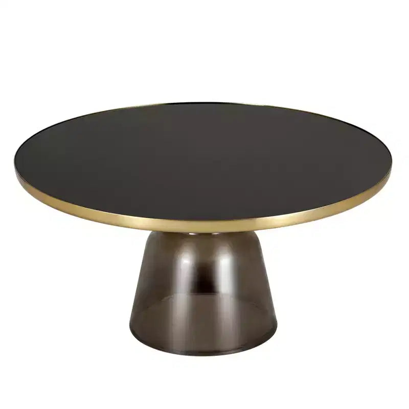 Tavolino da caffè rotondo, piano in pietra/vetro, bordo dorato, base a piedistallo nera, 1 pezzo