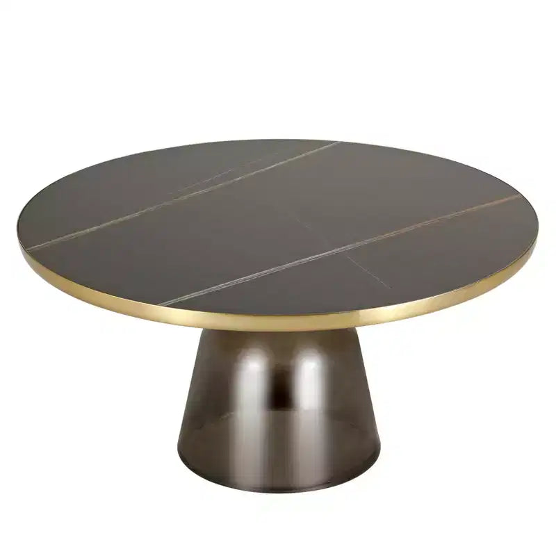Tavolino da caffè rotondo, piano in pietra/vetro, bordo dorato, base a piedistallo nera, 1 pezzo