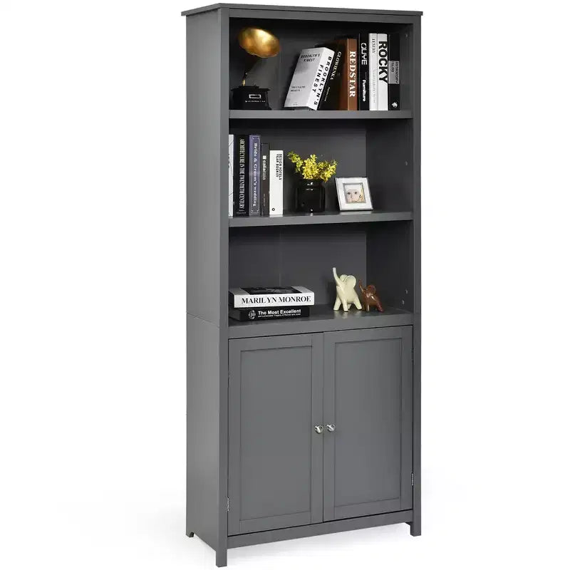 Costway Bookcase Shelving Storage Wooden Cabinet Unit Standing Bookcase W/Doors Gray/White