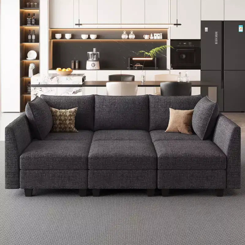 Divano componibile in ciniglia grigio/bianco con contenitore, a L, 7 posti