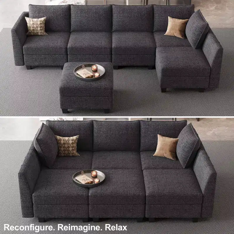 Divano componibile in ciniglia grigio/bianco con contenitore, a L, 7 posti