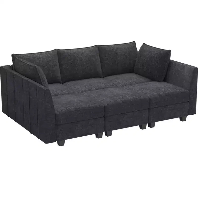 Divano componibile in ciniglia grigio/bianco con contenitore, a L, 7 posti