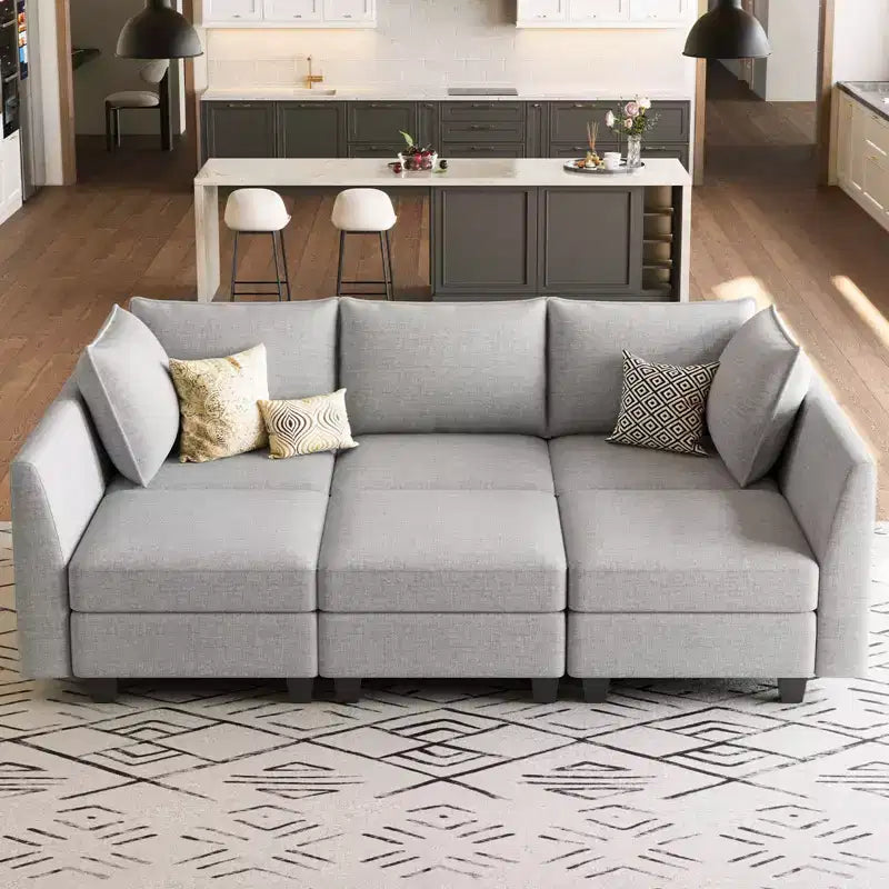 Divano componibile in ciniglia grigio/bianco con contenitore, a L, 7 posti