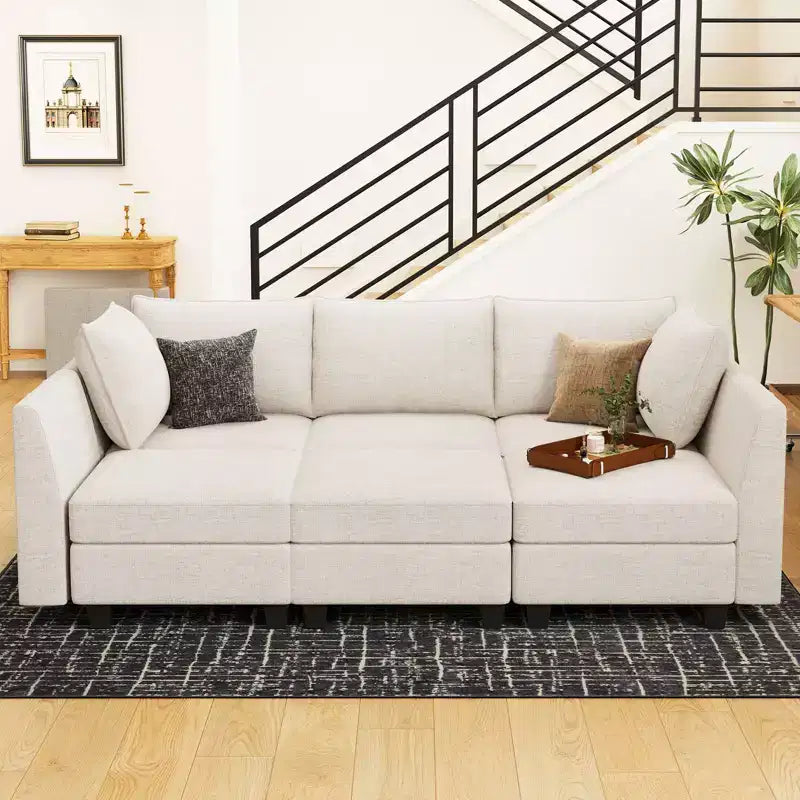 Divano componibile in ciniglia grigio/bianco con contenitore, a L, 7 posti