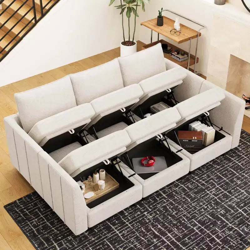 Divano componibile in ciniglia grigio/bianco con contenitore, a L, 7 posti