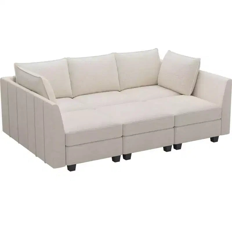 Divano componibile in ciniglia grigio/bianco con contenitore, a L, 7 posti