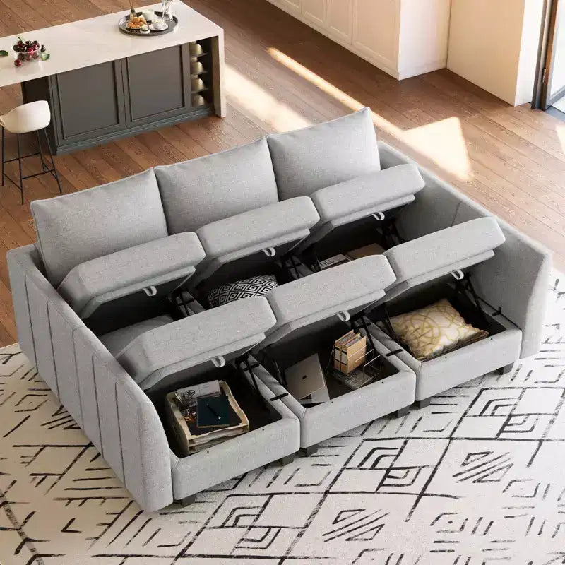 Divano componibile in ciniglia grigio/bianco con contenitore, a L, 7 posti