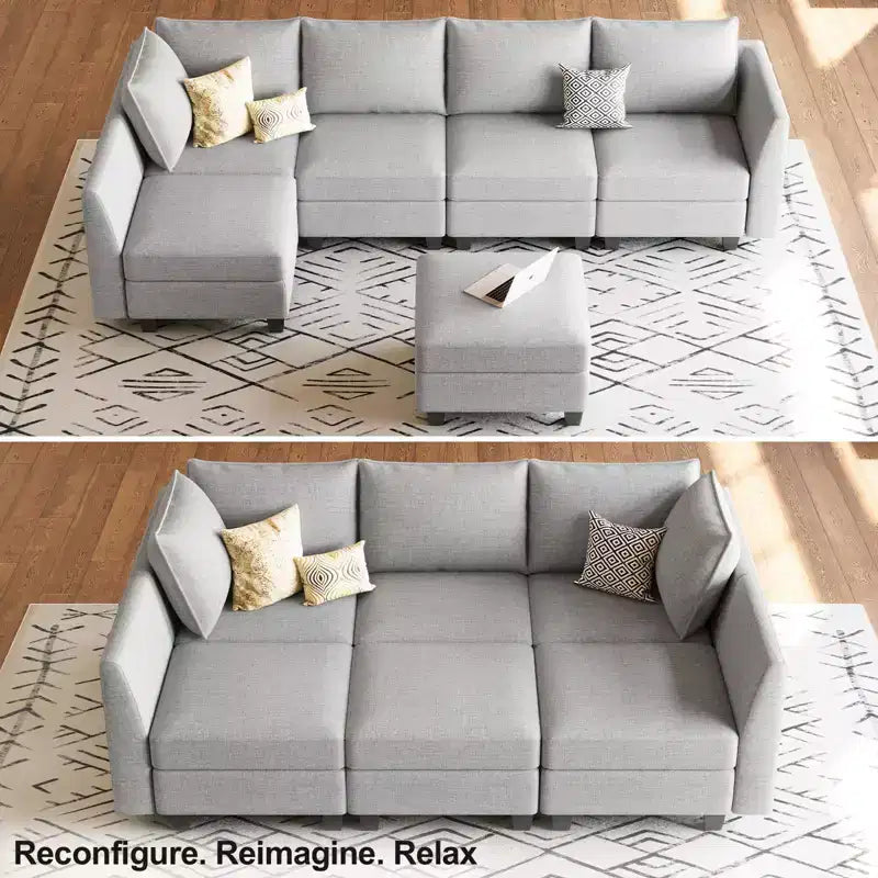 Divano componibile in ciniglia grigio/bianco con contenitore, a L, 7 posti