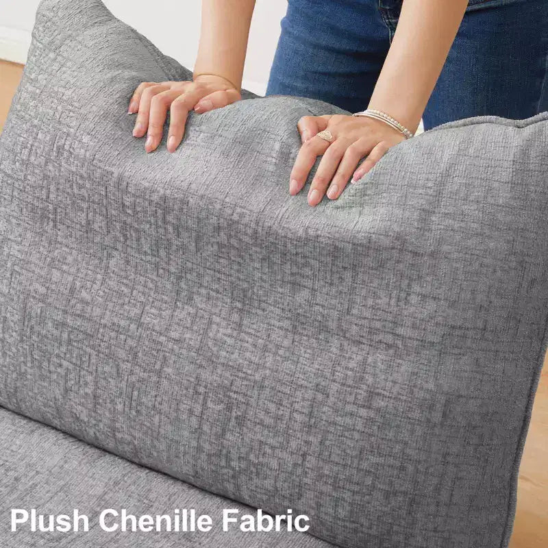Divano componibile in ciniglia grigio/bianco con contenitore, a L, 7 posti
