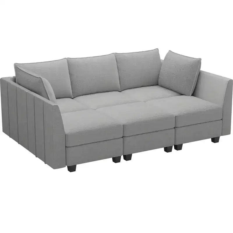 Divano componibile in ciniglia grigio/bianco con contenitore, a L, 7 posti