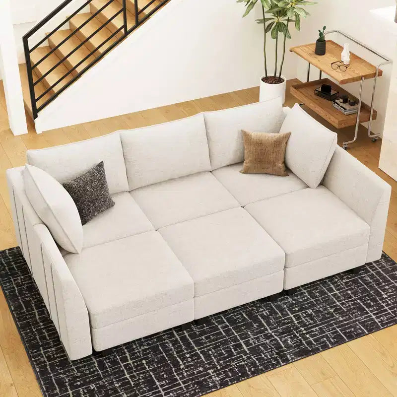 Divano componibile in ciniglia grigio/bianco con contenitore, a L, 7 posti