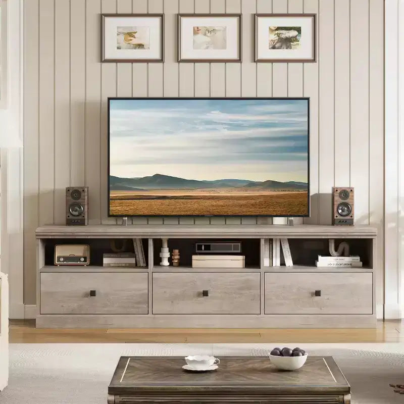 Mobile TV Mid-Century nero/grigio/legno con 3 cassetti, per 1 TV fino a 75"