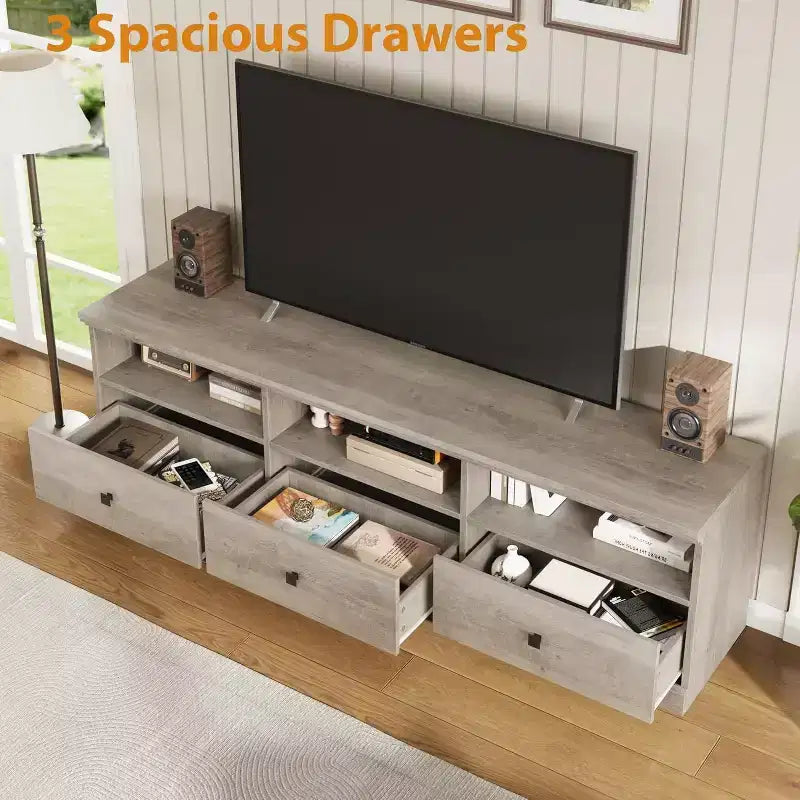 Mobile TV Mid-Century nero/grigio/legno con 3 cassetti, per 1 TV fino a 75"