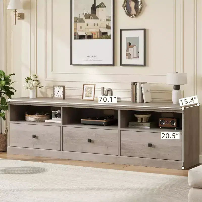 Mobile TV Mid-Century nero/grigio/legno con 3 cassetti, per 1 TV fino a 75"