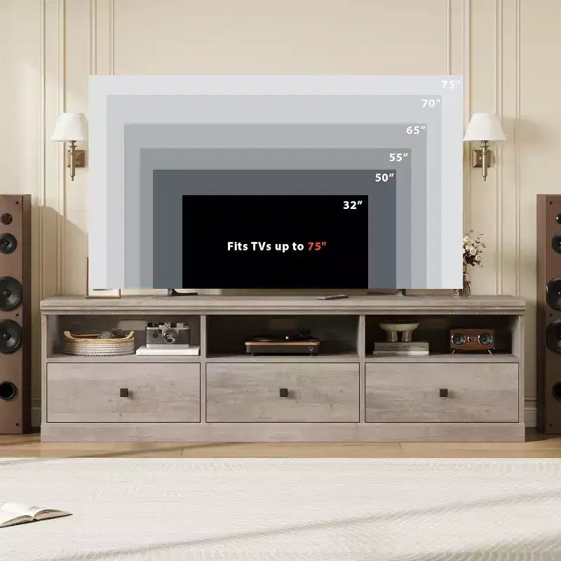 Mobile TV Mid-Century nero/grigio/legno con 3 cassetti, per 1 TV fino a 75"