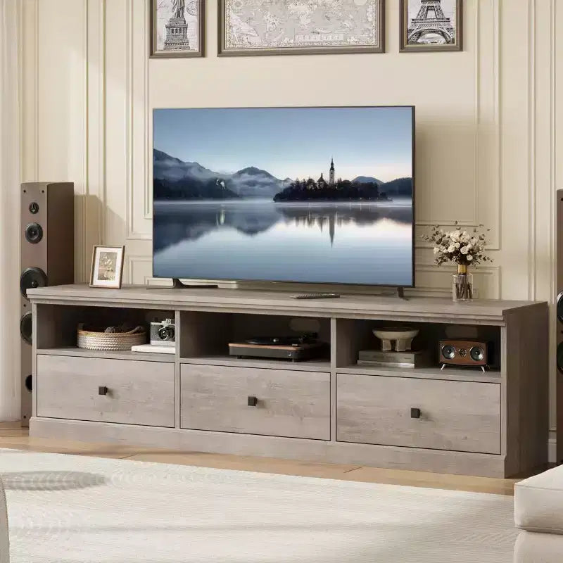 Mobile TV Mid-Century nero/grigio/legno con 3 cassetti, per 1 TV fino a 75"