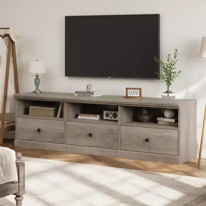 Mobile TV Mid-Century nero/grigio/legno con 3 cassetti, per 1 TV fino a 75"