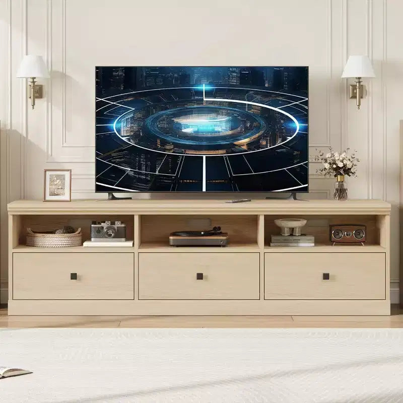 Mobile TV Mid-Century nero/grigio/legno con 3 cassetti, per 1 TV fino a 75"