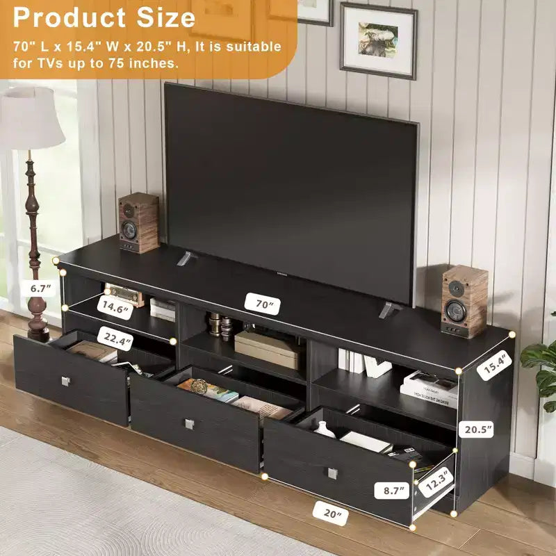 Mobile TV Mid-Century nero/grigio/legno con 3 cassetti, per 1 TV fino a 75"