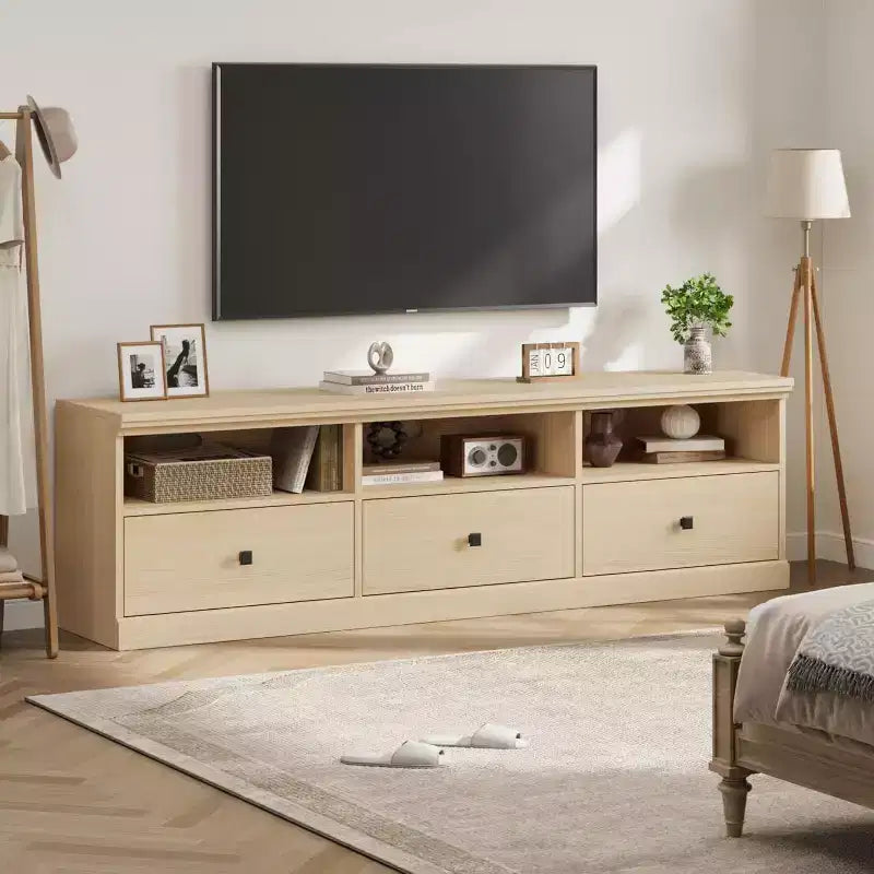 Mobile TV Mid-Century nero/grigio/legno con 3 cassetti, per 1 TV fino a 75"