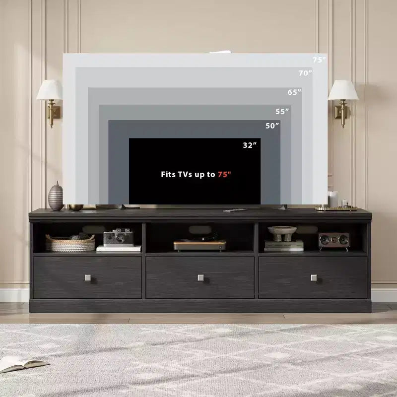 Mobile TV Mid-Century nero/grigio/legno con 3 cassetti, per 1 TV fino a 75"