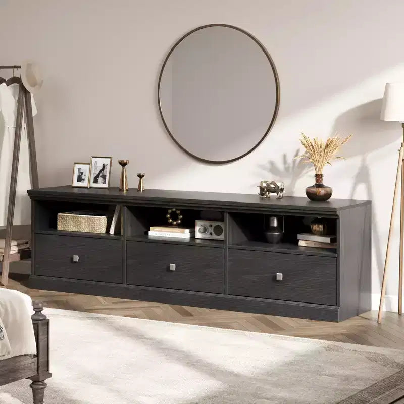 Mobile TV Mid-Century nero/grigio/legno con 3 cassetti, per 1 TV fino a 75"