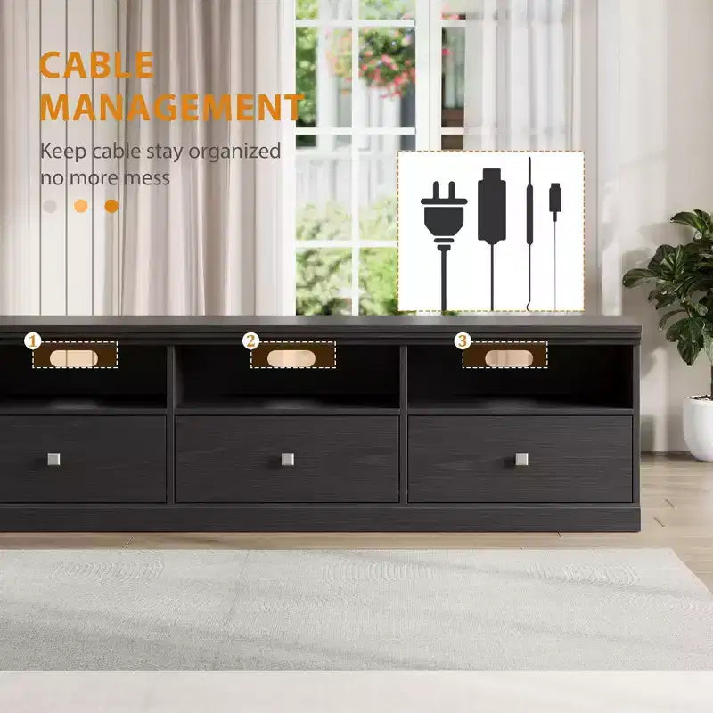 Mobile TV Mid-Century nero/grigio/legno con 3 cassetti, per 1 TV fino a 75"