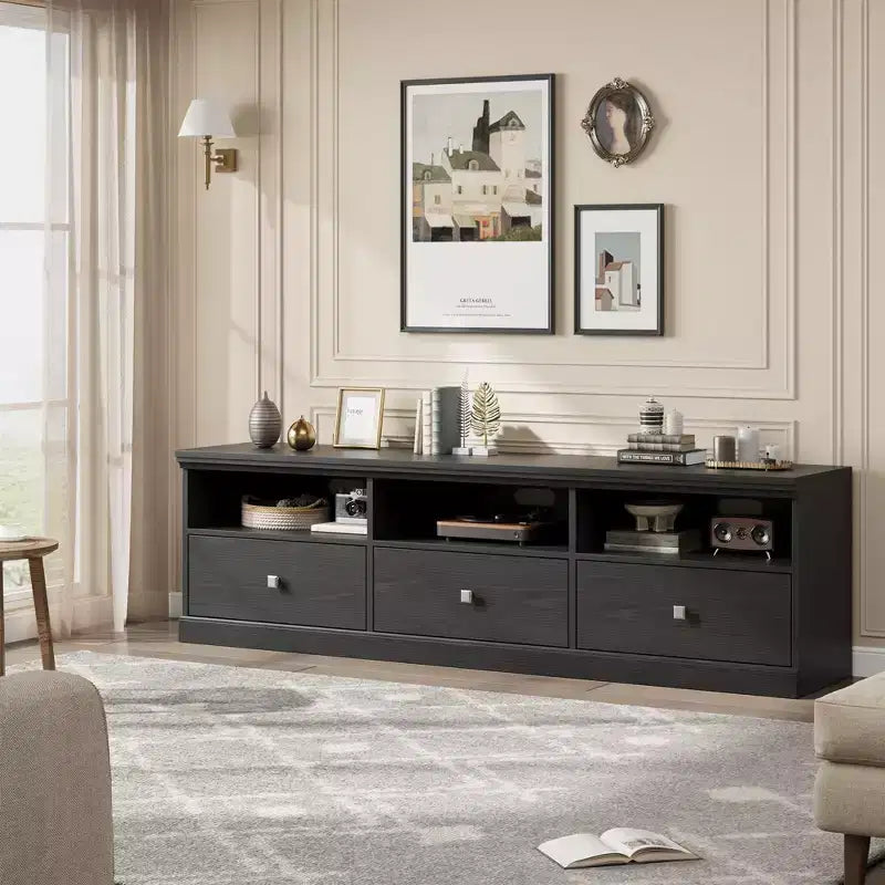 Mobile TV Mid-Century nero/grigio/legno con 3 cassetti, per 1 TV fino a 75"