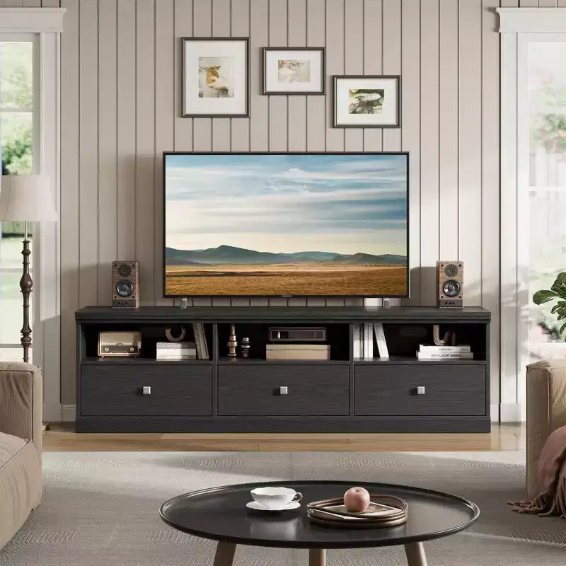 Mobile TV Mid-Century nero/grigio/legno con 3 cassetti, per 1 TV fino a 75"