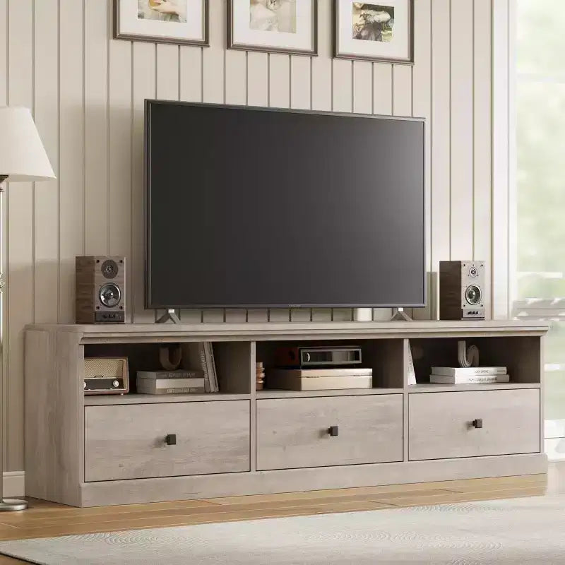 Mobile TV Mid-Century nero/grigio/legno con 3 cassetti, per 1 TV fino a 75"